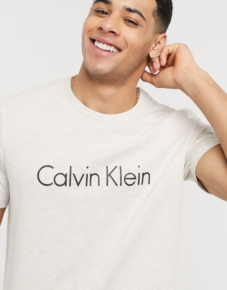 Calvin Klein logo crew neck lounge t-shirt in oatmeal-Beige