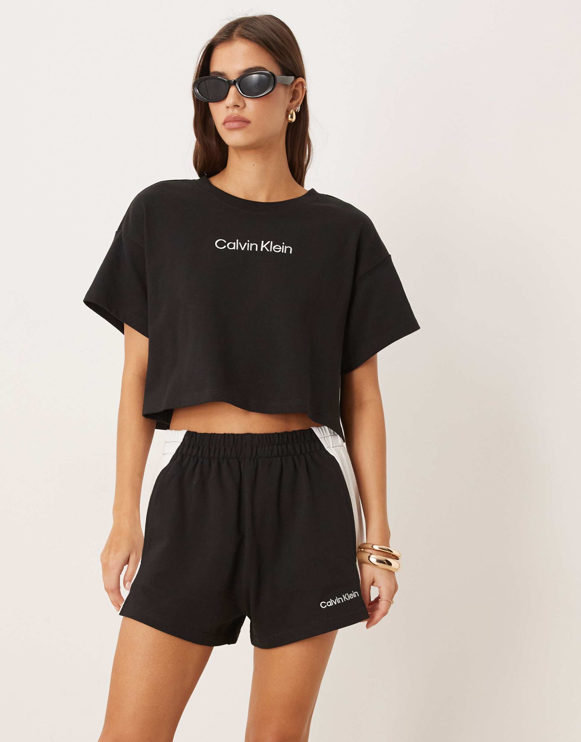 calvin klein logo cropped swim tee in black