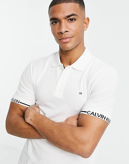 Calvin Klein logo cuff slim fit polo in white | ASOS