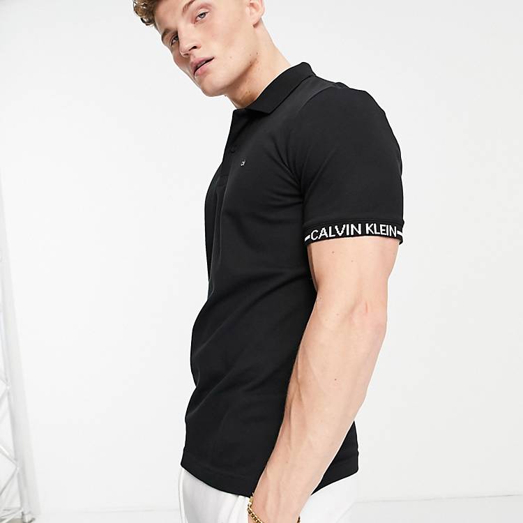 polo ASOS shirt cuff Calvin | fit black logo slim in Klein