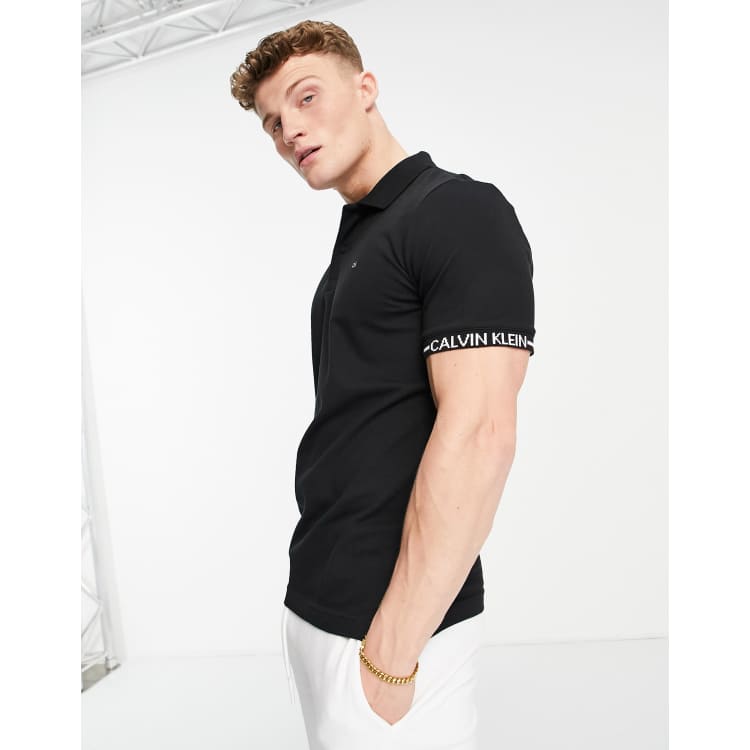 Calvin Klein logo cuff slim fit polo shirt in black | ASOS