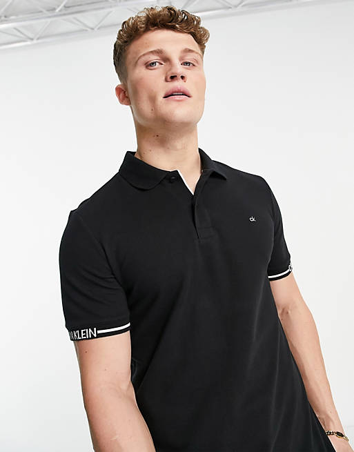 Calvin Klein logo cuff slim fit polo shirt in black | ASOS