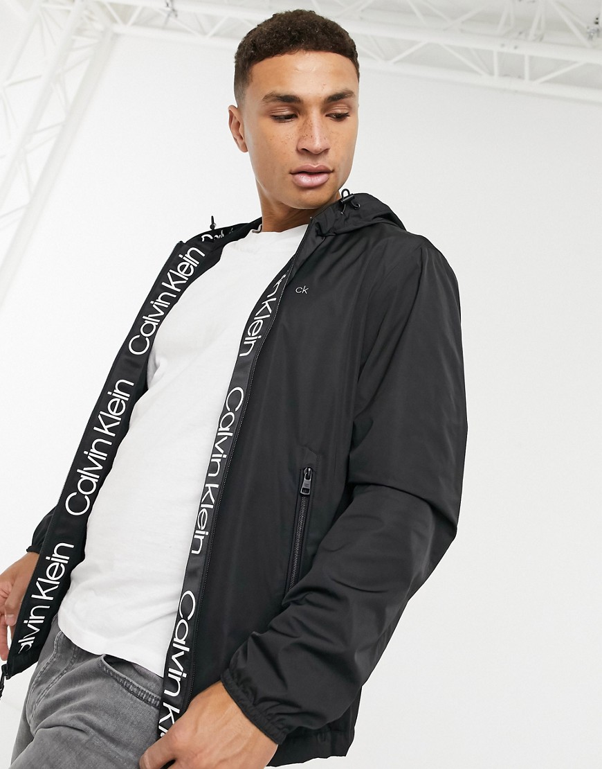 Calvin Klein Logo Hooded Lightweight Jacket In Black
