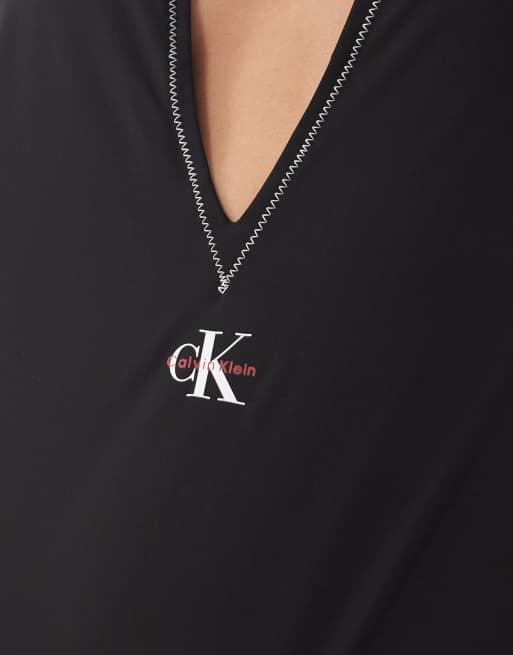 Calvin Klein logo plunge one piece backless swimsuit in black, 3 of 4