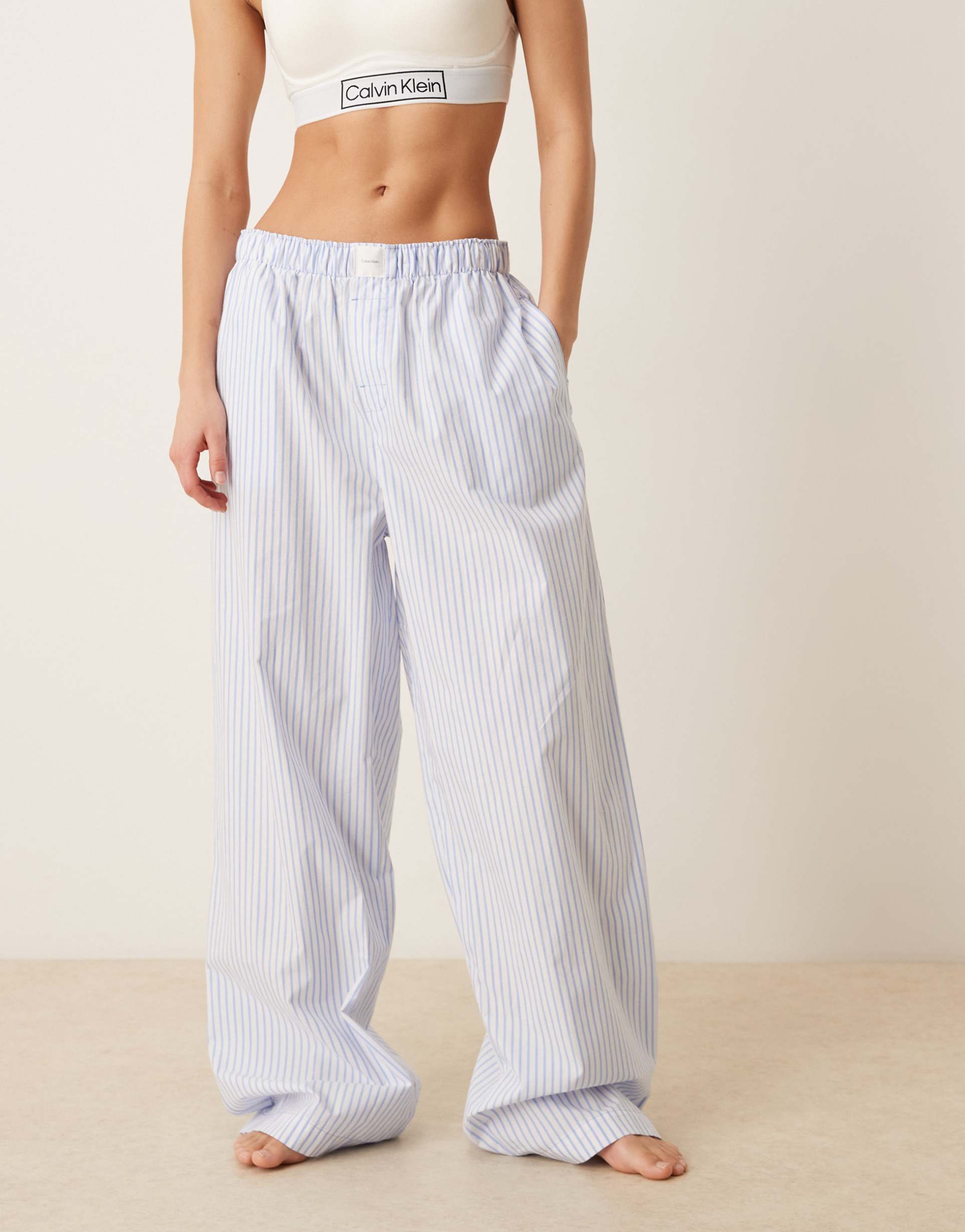 calvin klein logo poplin pajama pants in blue pinstripe