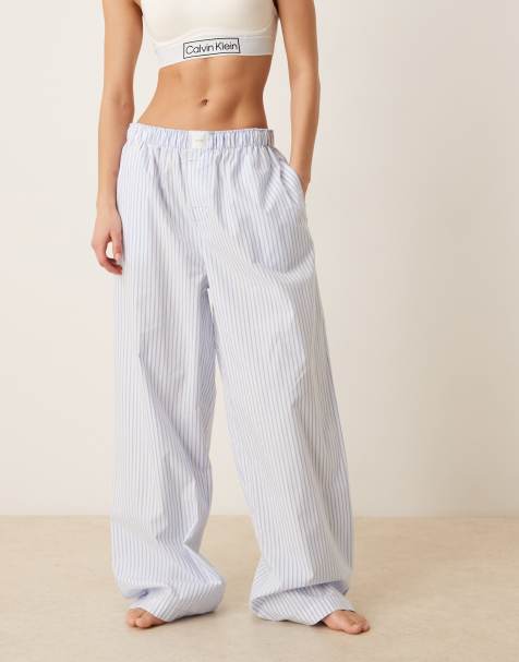 Calvin Klein logo poplin pyjama pant in blue stripe - view 1