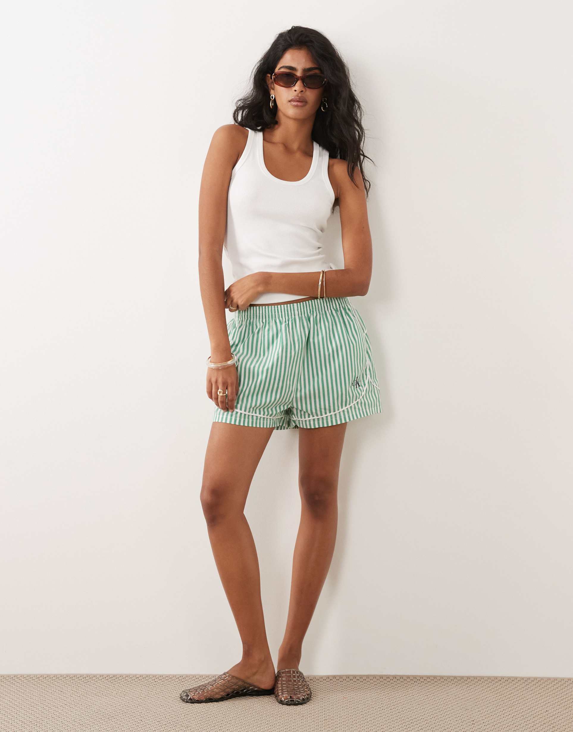 calvin klein logo poplin track shorts in green stripe