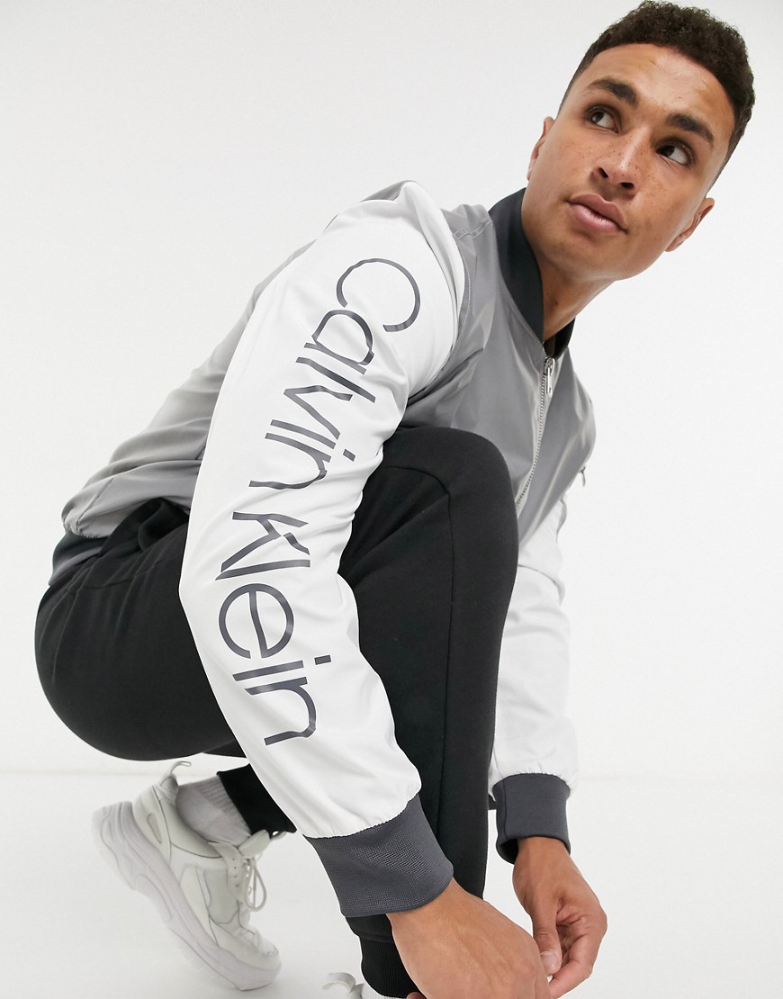 Calvin Klein Logo Sleeve Bomber Jacket In Silver