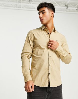 Calvin Klein logo stretch poplin slim fit shirt in stone - ASOS Price Checker