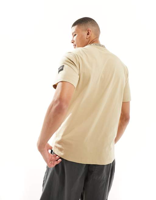 Calvin Klein logo tape collar and side patch t-shirt in beige, 2 of 4