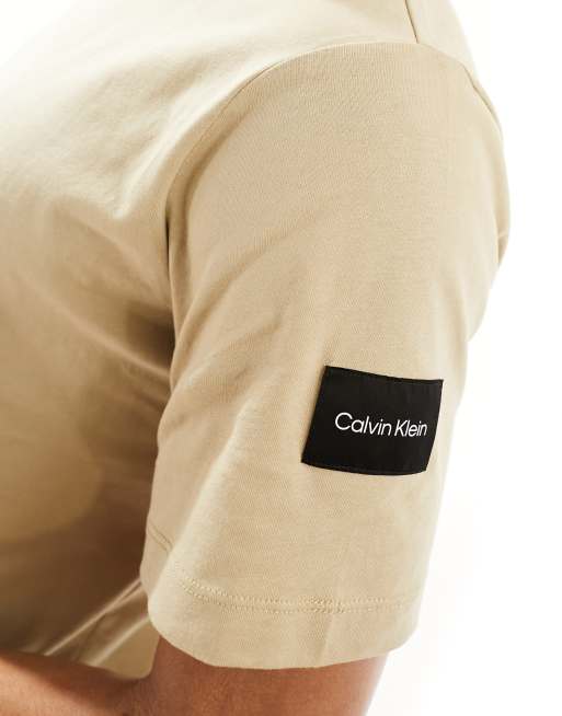 Calvin Klein logo tape collar and side patch t-shirt in beige