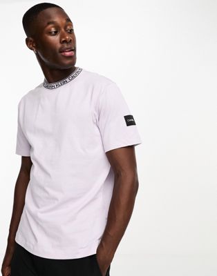 Calvin Klein logo tape collar and side patch t-shirt in lilac - ASOS Price Checker