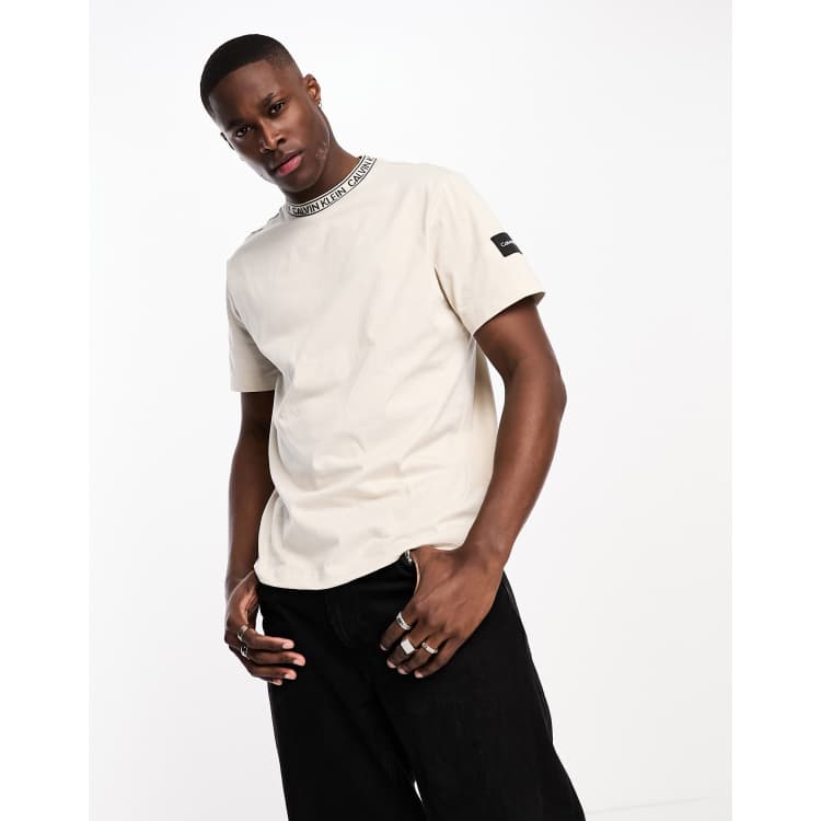 Calvin Klein logo tape collar and side patch t shirt in stone exclusive to ASOS