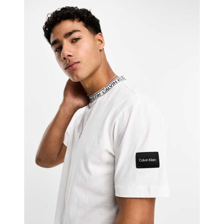 Calvin Klein logo tape collar and side patch t shirt in white ASOS