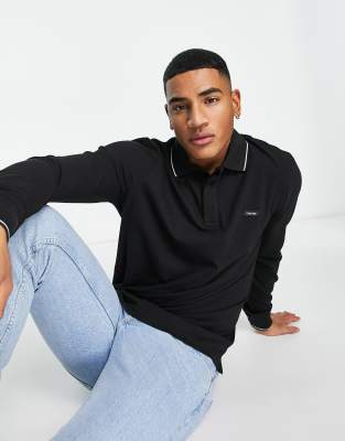 Calvin Klein logo tipped stretch pique cotton blend long sleeve polo in black  - ASOS Price Checker