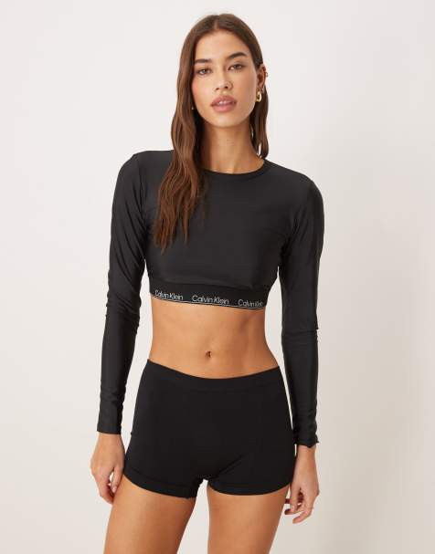 Calvin Klein logo waistband bikini bottom and rash guard in black - view 1
