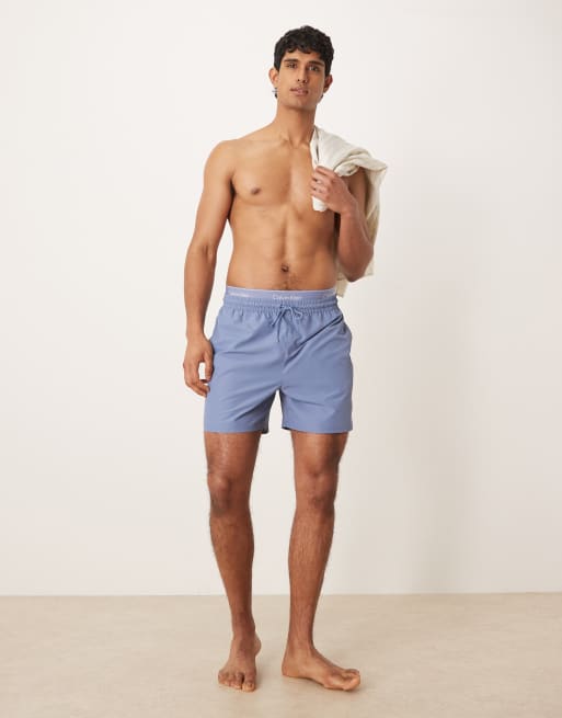 Calvin Klein logo waistband drawstring swim shorts in blue, 2 of 4