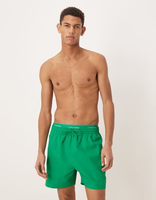 Calvin Klein logo waistband drawstring swim shorts in green, 2 of 5