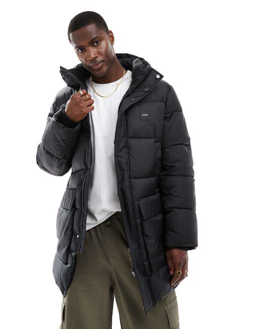 Calvin Klein long hooded quilted padded jacket in black ASOS