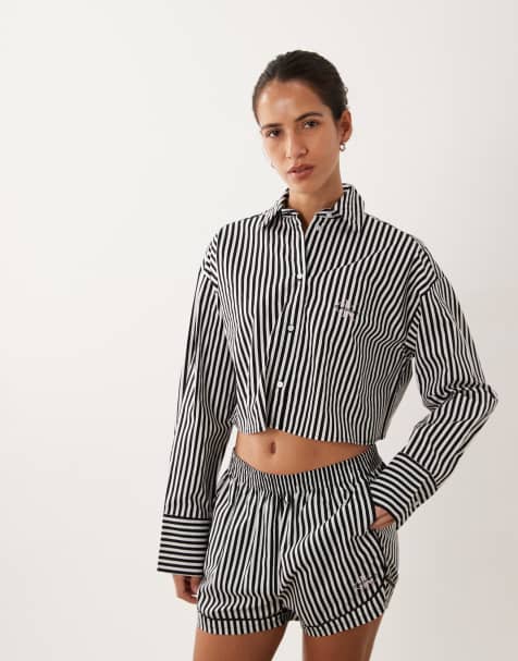 Calvin Klein long sleeve cropped poplin striped shirt in black - part of a set  - view 1