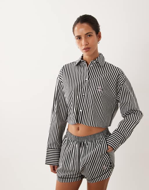 Calvin Klein long sleeve cropped poplin stripped shirt and short co-ord in black, 3 of 3
