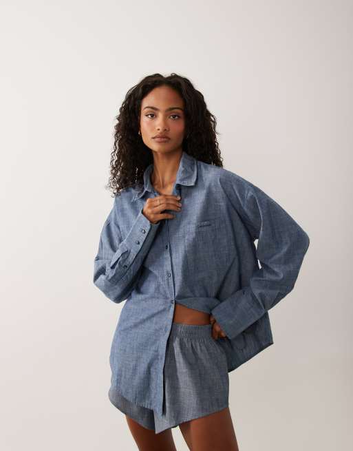 Calvin Klein long sleeve shirt and short co-ord in indigo blue, 3 of 3