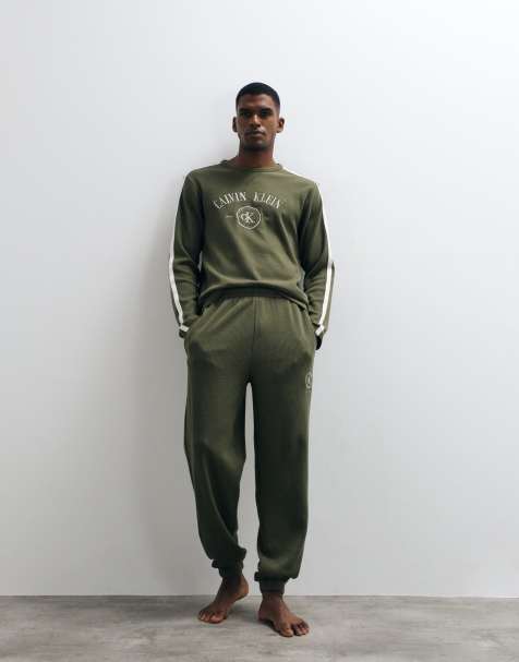 Calvin Klein long sleeve waffle t-shirt co-ord with centre graphic in olive - view 1