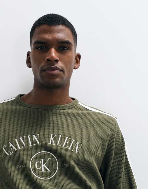 Calvin Klein long sleeve waffle t-shirt co-ord with centre graphic in olive, 2 of 5