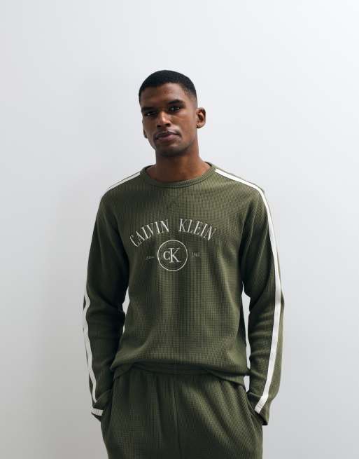 Calvin Klein long sleeve waffle t-shirt co-ord with centre graphic in olive, 3 of 5