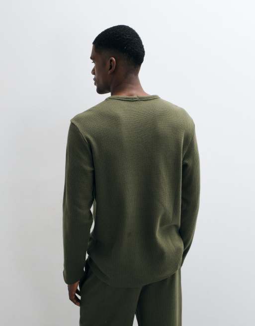 Calvin Klein long sleeve waffle t-shirt set with centre graphic in olive, 5 of 5