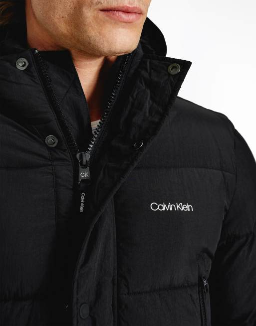 Calvin Klein longline crinkle nylon hooded puffer jacket in black