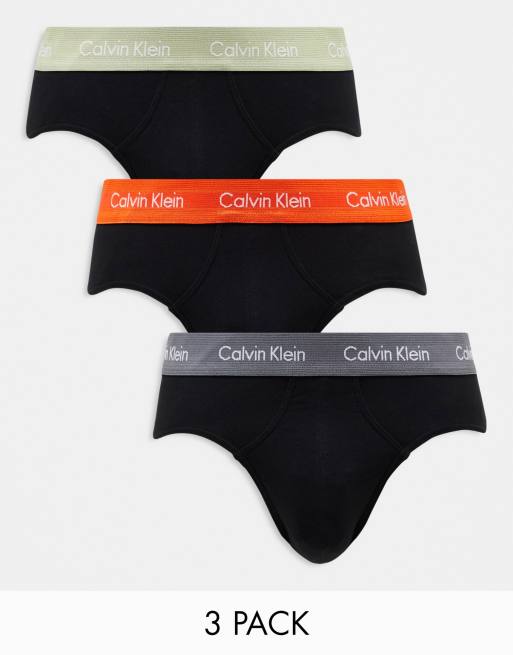 Calvin Klein - Lot de 3 slips en coton stretch avec ceinture colorée - Noir