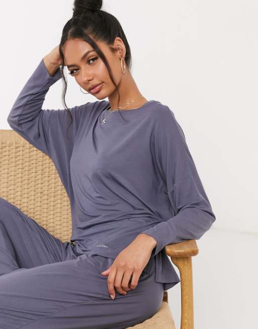 Calvin Klein - Loungekleding - Top met lange mouwen en wijde hals in grijs