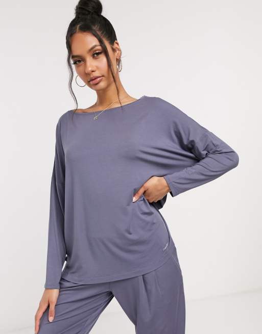 Calvin Klein loungewear long sleeve top with wide neck in chrome grey