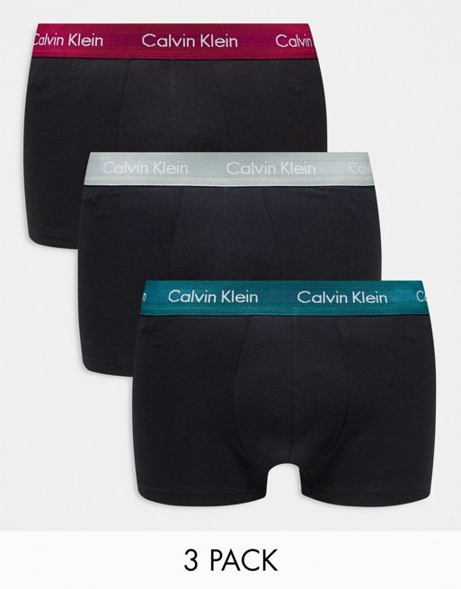 Calvin Klein low rise cotton stretch trunks 3 pack in black with colored waistband
