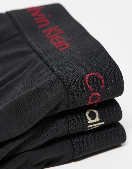 Calvin Klein low rise cotton stretch trunks 3 pack in black with coloured logo