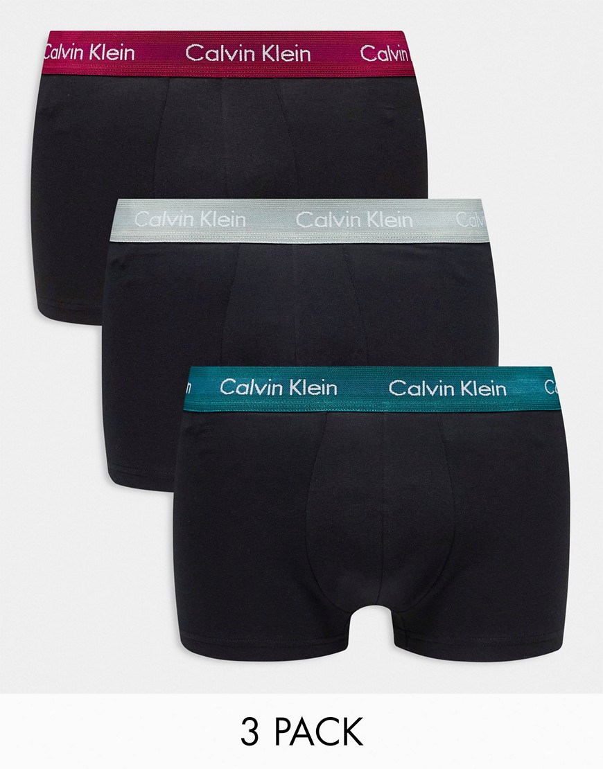 Calvin Klein low rise cotton stretch trunks 3 pack in black with coloured waistband