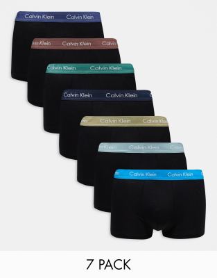  Calvin Klein low rise cotton stretch trunks 7 pack in black with coloured waistband