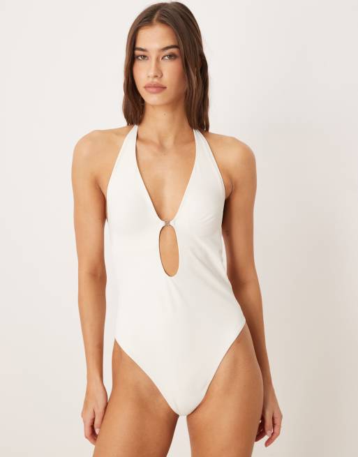 Calvin Klein – Luxe – Badeanzug in Elfenbein mit tiefem Ausschnitt und Metalldetail, 3 von 4