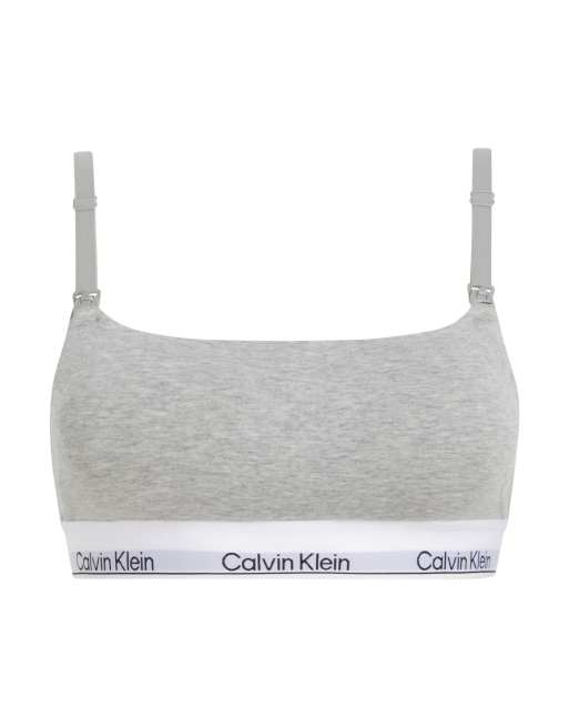 Calvin Klein Maternity Modern Cotton nursing scoop logo tape bralet in grey, 3 of 4