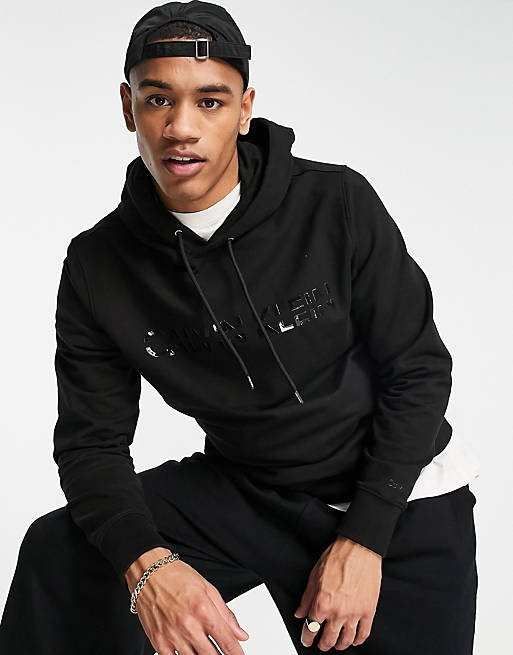 Calvin Klein Matt shiny split logo hoodie in black | ASOS