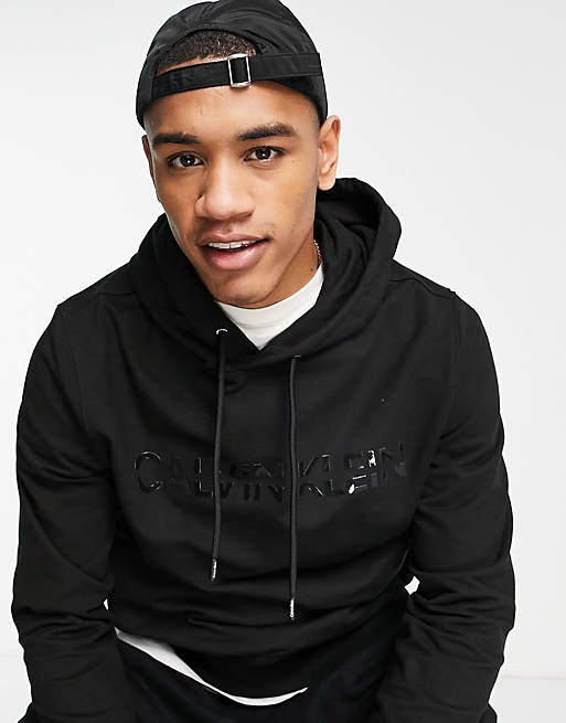 Calvin Klein Matt shiny split logo hoodie in black | ASOS