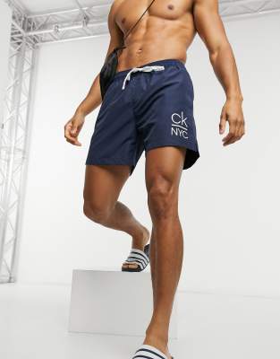 Calvin Klein Medium Length Swim Shorts In Dark Navy In Navy