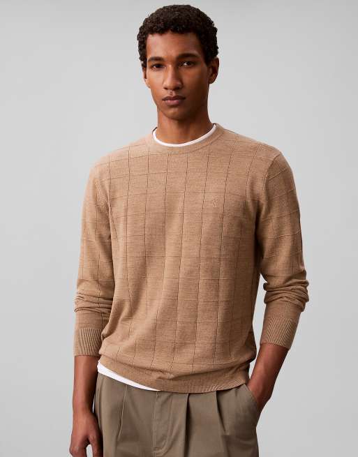 Calvin Klein Merino wool grid jumper in tigers eye htr, 3 of 6