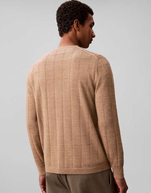 Calvin Klein Merino wool grid jumper in tigers eye htr, 4 of 6