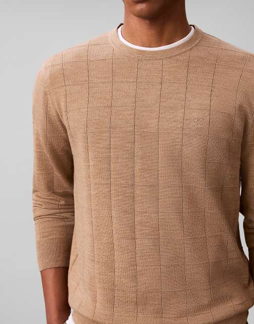 Calvin Klein Merino wool grid jumper in tigers eye htr, 5 of 6