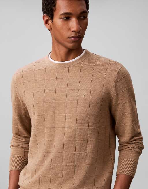 Calvin Klein Merino wool grid jumper in tigers eye htr, 6 of 6