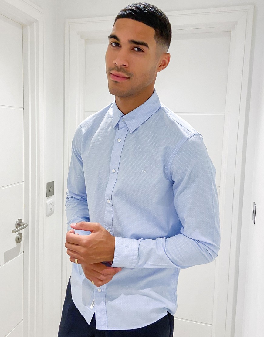 Calvin Klein micro dobby slim fit long sleeve shirt-Blue