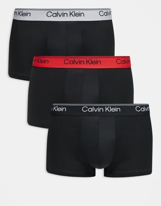 Calvin Klein - Micro Stretch - Confezione da 3 paia di boxer aderenti a vita bassa neri con fascia in vita grigia e rossa