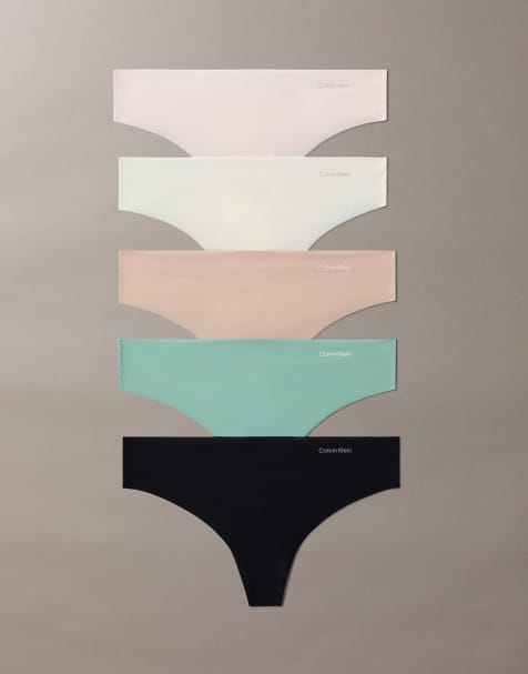 Calvin Klein Microfiber Invisibles 5-pack thongs in beige/black/mint - view 1